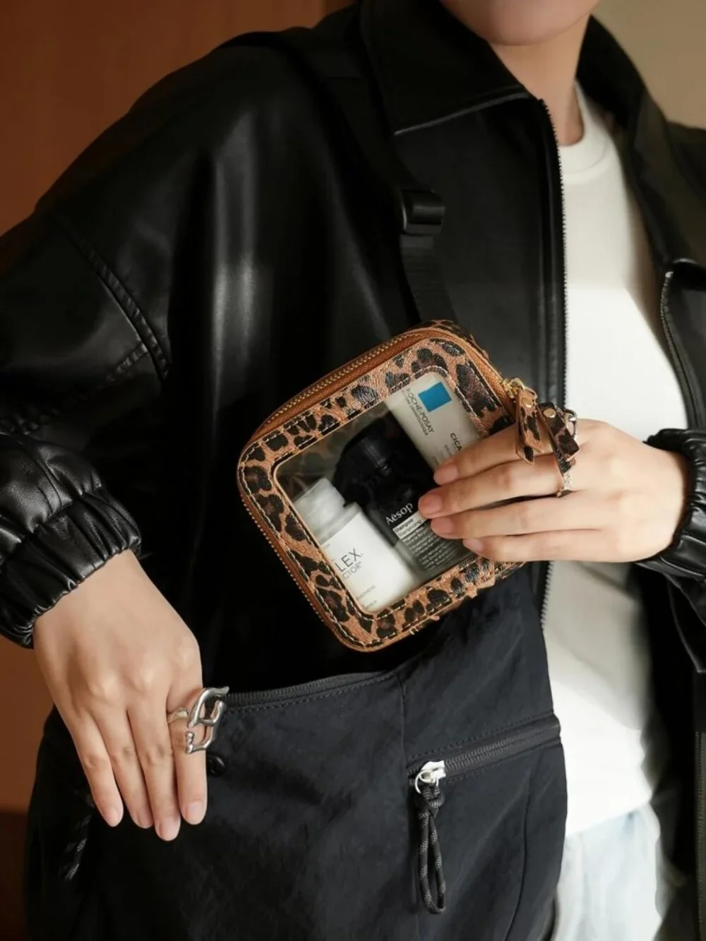 Clear Mini Makeup Bag - Cute Leopard Print Travel Pouch for Purse & Car